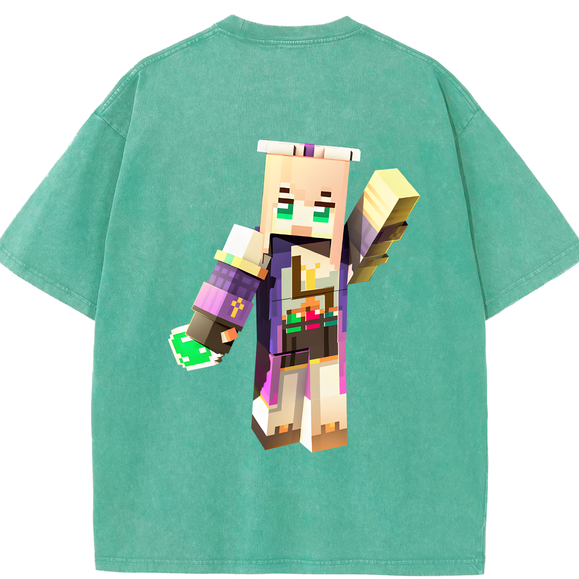 （画像用） マインクラフト ブロックの世界 Minecraft MC Block world 綿100% ヴィンテージ風 半袖Tシャツ（背面プリント）